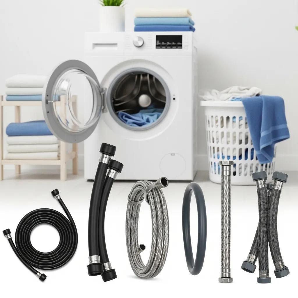 Different types of washing machine hoses in a home laundry setting, showcasing rubber, braided stainless steel, and EPDM materials