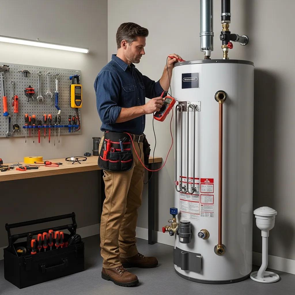 An electrician testing a water heater's heating element with a multimeter