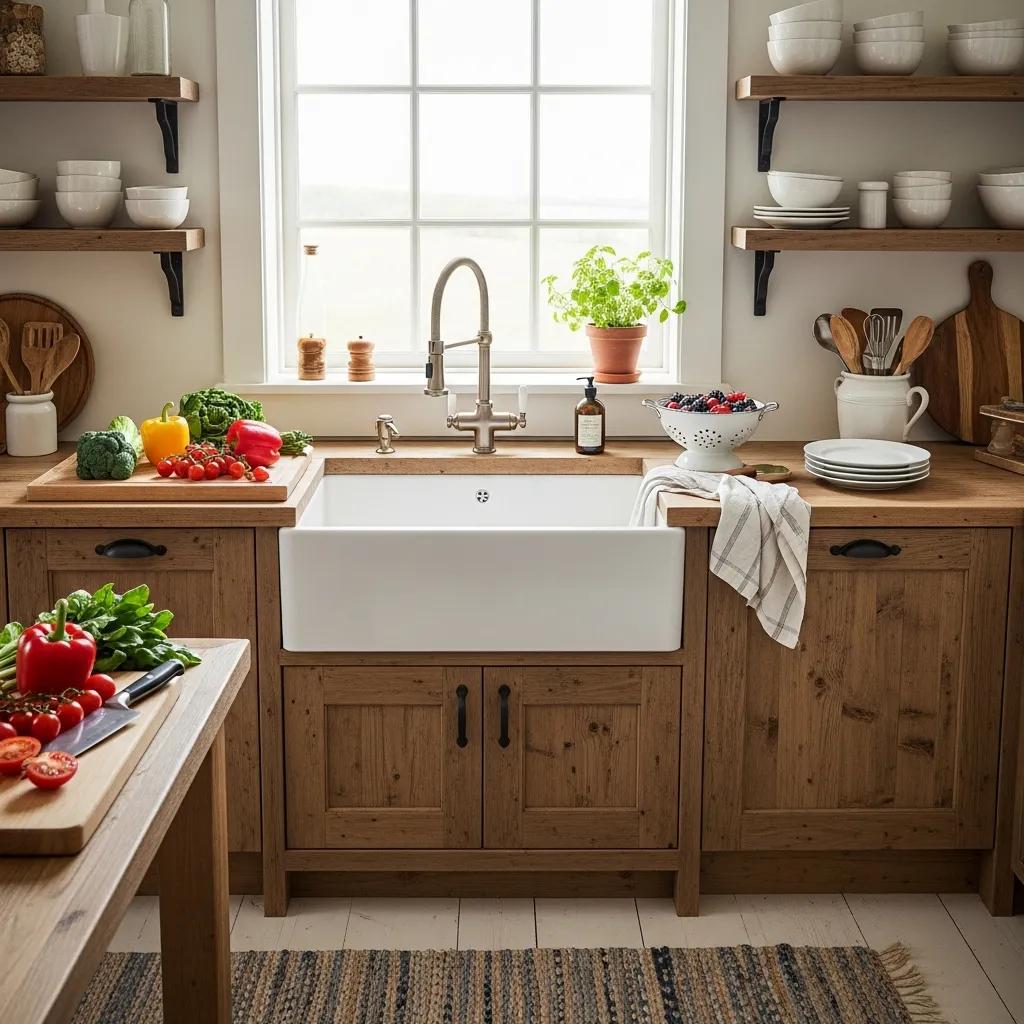 Elegant farmhouse sink in a rustic kitchen with natural light and fresh ingredients