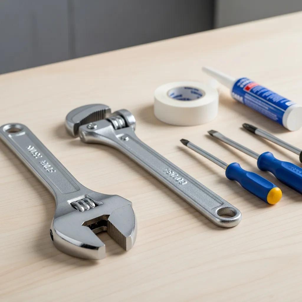 Essential DIY faucet tools laid out: adjustable wrench, basin wrench, screwdrivers, and pliers