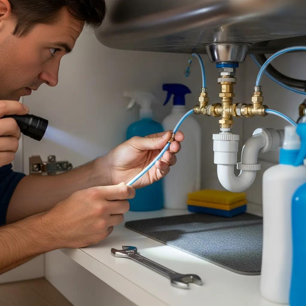 Homeowner checking refrigerator water line under sink near shutoff valve