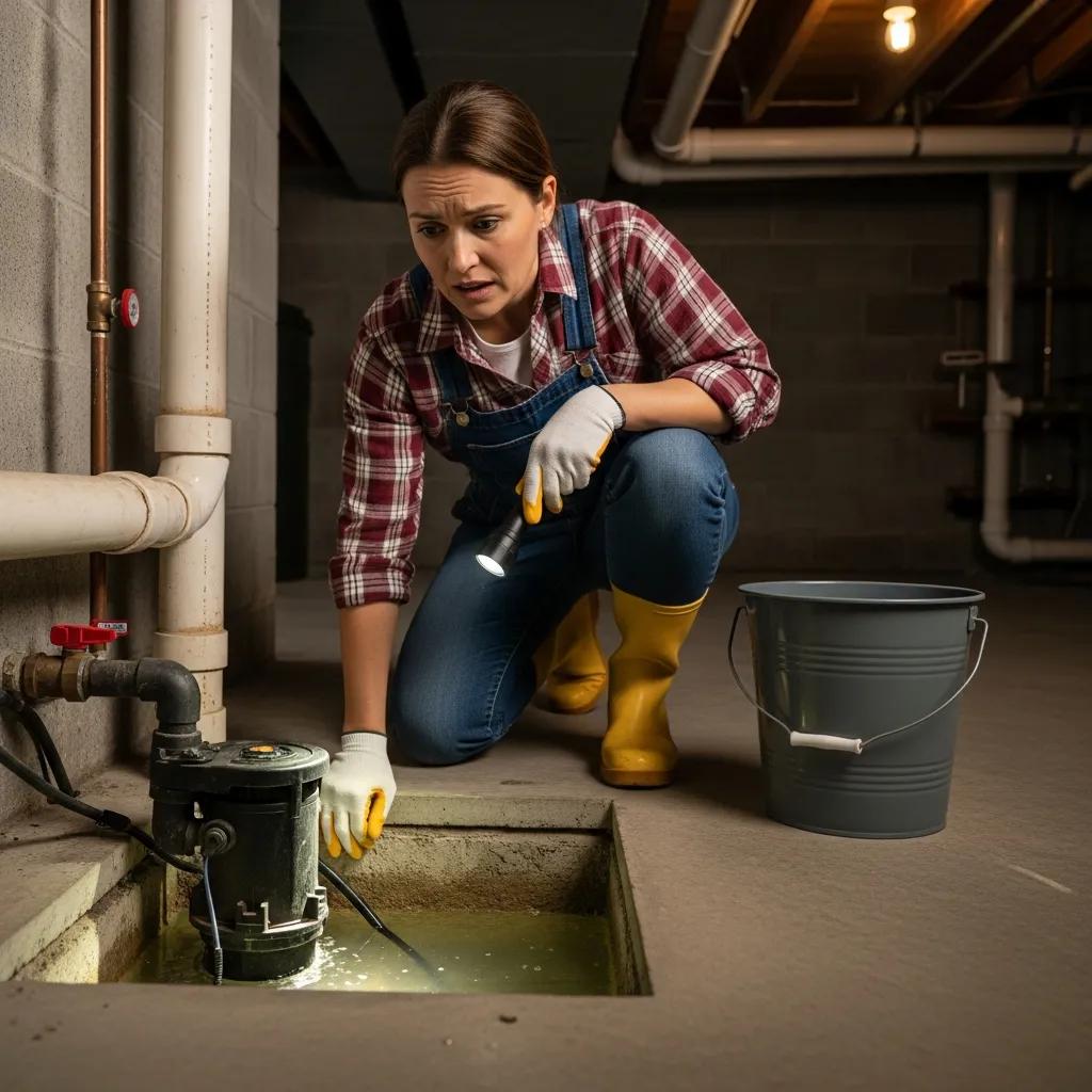 Homeowner inspecting sump pump in basement for signs of failure, using flashlight and wearing gloves, with standing water in sump pit and bucket nearby.