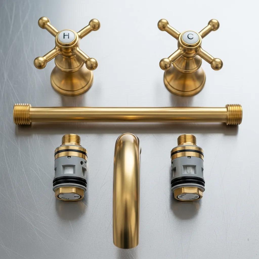 Bridge faucet parts laid out on a workbench to show how each piece contributes to operation