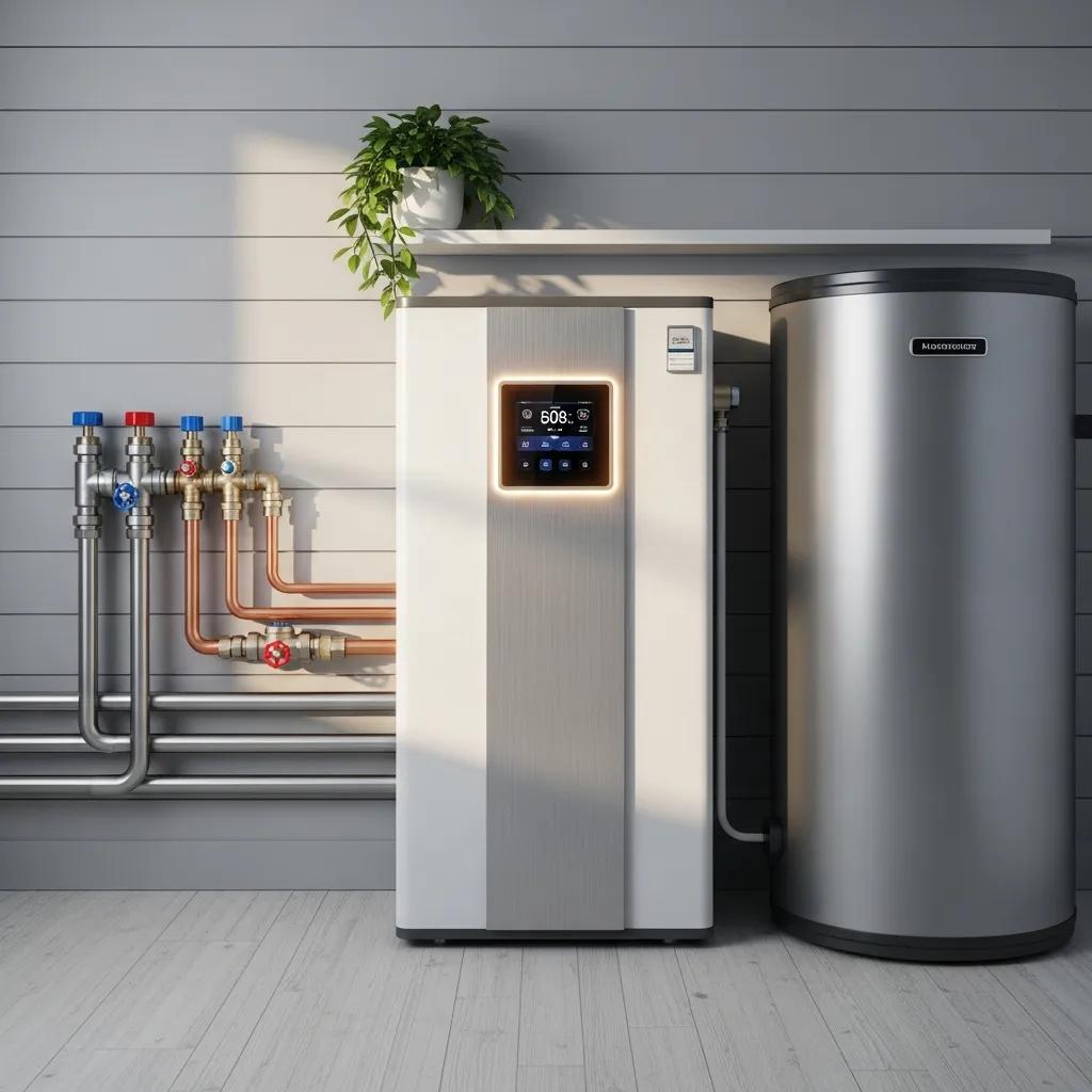Modern hybrid water heater in a stylish utility room, emphasizing energy efficiency and design