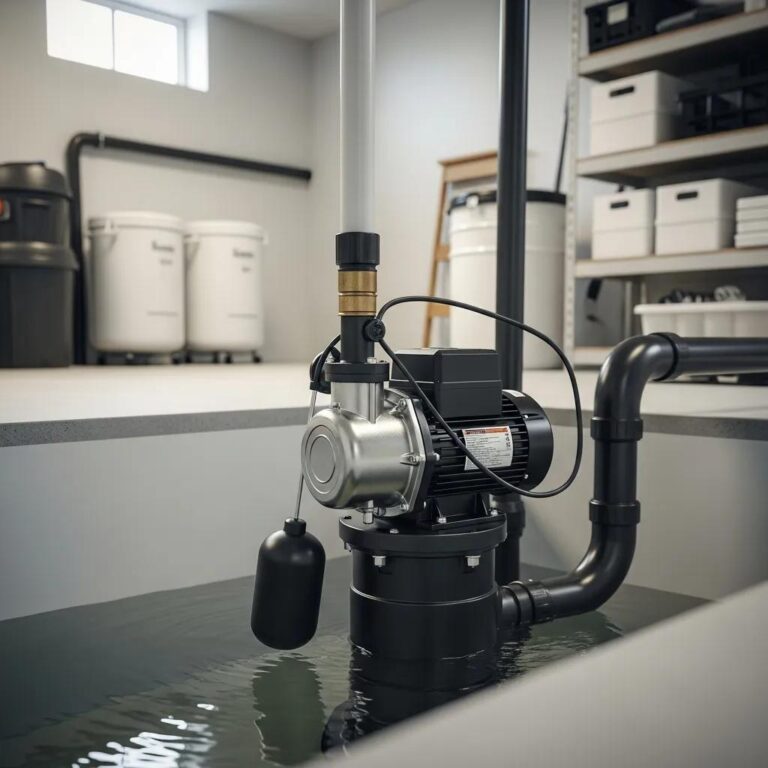 Modern sump pump in a clean basement, showcasing its functionality for flood prevention and water management in Grosse Pointe homes.