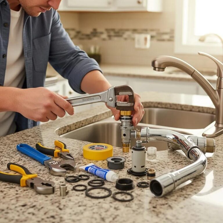 Person repairing a kitchen faucet with tools on a countertop, highlighting DIY faucet repair
