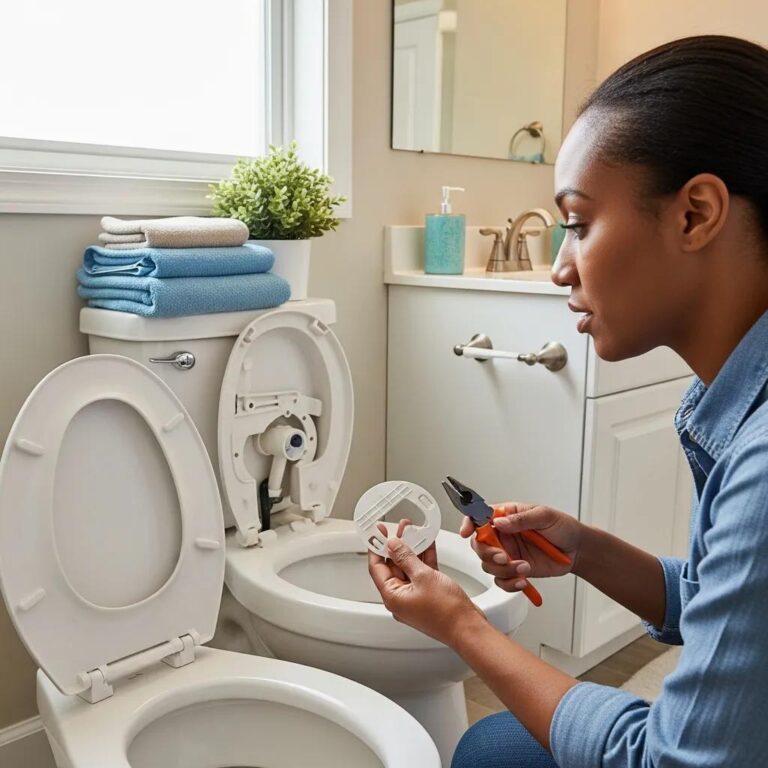 Person replacing a toilet flapper in a well-lit bathroom, showcasing DIY plumbing repair