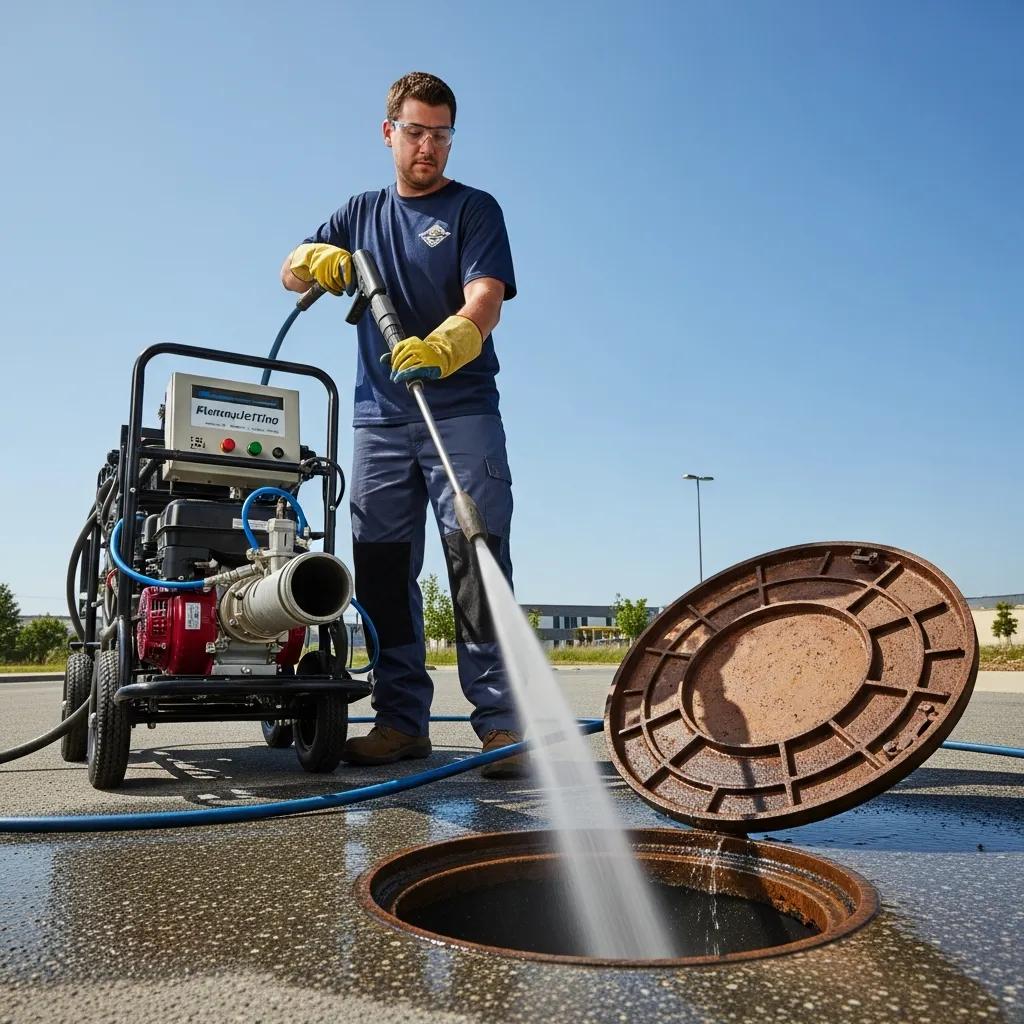 Professional hydro jetting service in action with technician using high-pressure water to clear sewer line