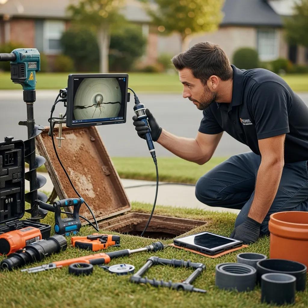 Professional plumber inspecting sewer line with camera equipment in a residential area
