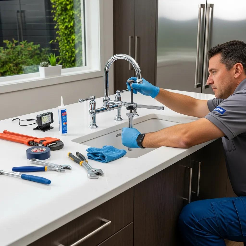 Local plumber fitting a bridge faucet in a contemporary kitchen, illustrating professional installation steps