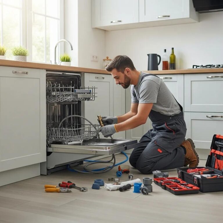 Professional plumber installing a dishwasher in a modern kitchen, highlighting plumbing connections and tools