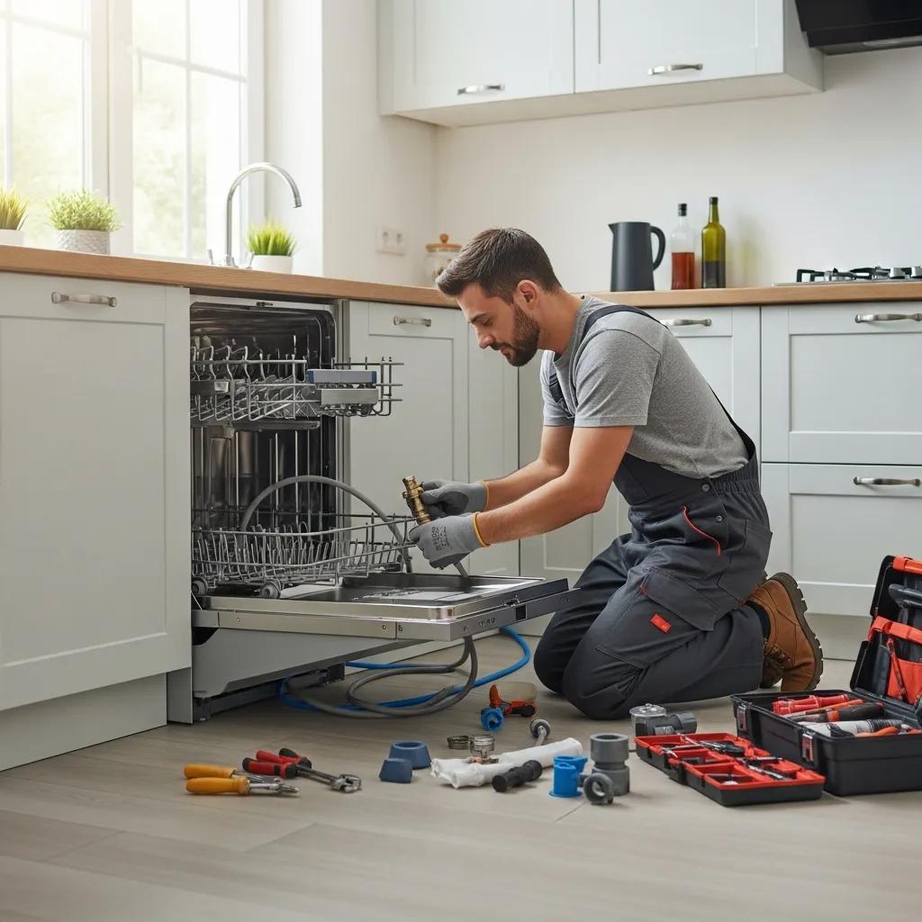 Professional plumber installing a dishwasher in a modern kitchen, highlighting plumbing connections and tools