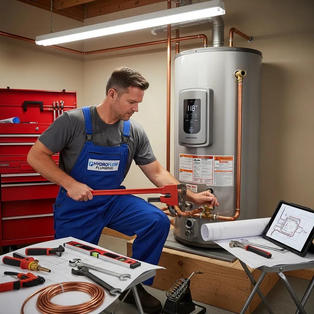Experienced plumber installing a hybrid water heater &mdash; careful, code-compliant, and tested