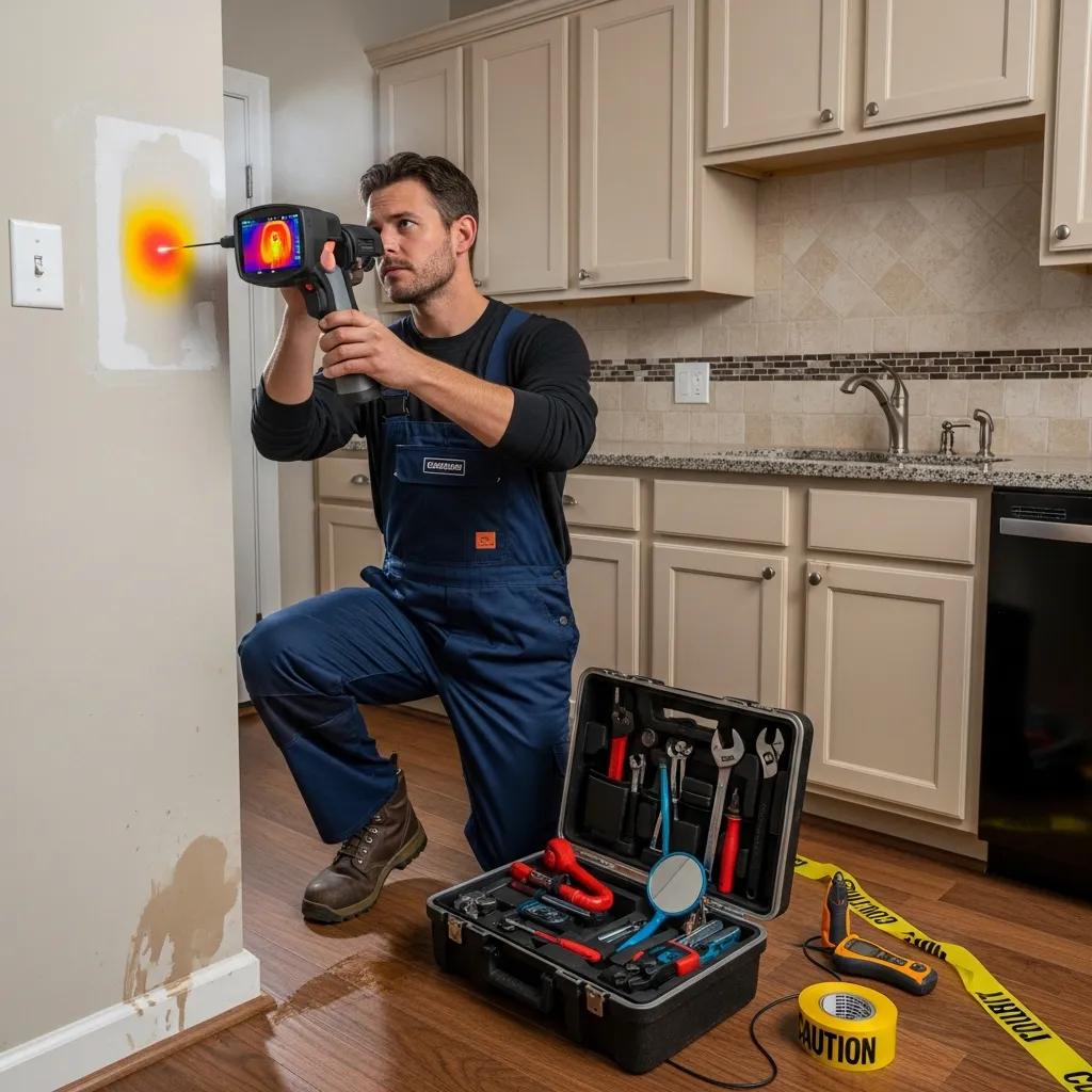 Professional plumber using thermal imaging for leak detection in a home