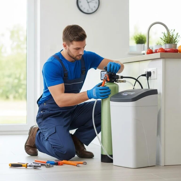 Professional technician installing a water softener system in a residential kitchen