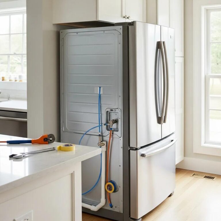 Refrigerator water line installation with visible PEX and copper tubing in a modern kitchen