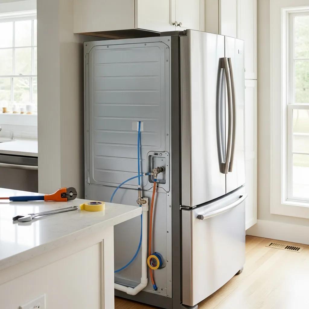 Refrigerator water line installation with visible PEX and copper tubing in a modern kitchen