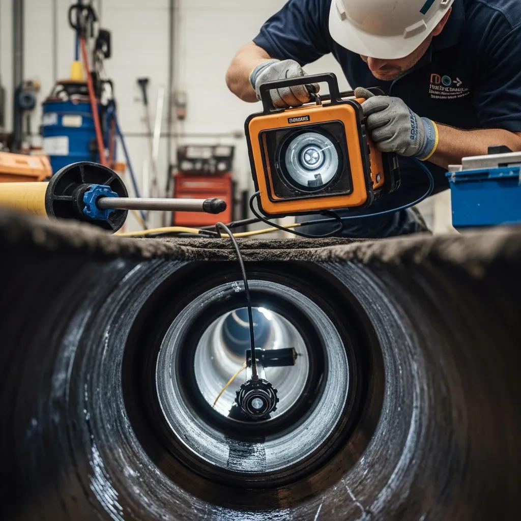 Sewer camera inspection in action with a technician examining underground pipes