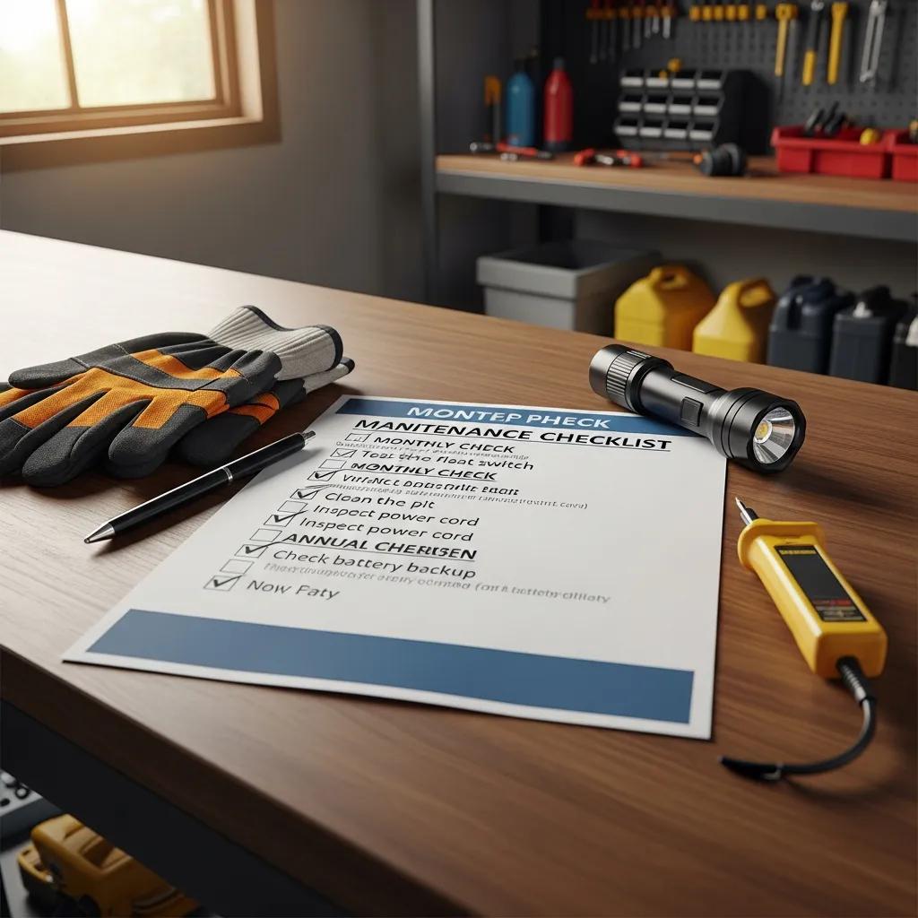 Sump pump maintenance checklist on a workbench with gloves, flashlight, and tools, emphasizing regular upkeep and homeowner checks.