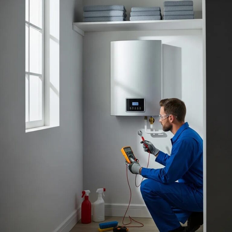 Technician inspecting a modern hybrid water heater in a residential setting, using a multimeter and tools, with storage shelves and cleaning supplies visible.