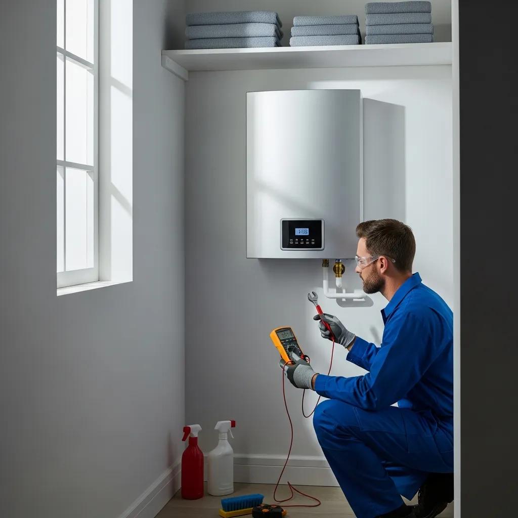 Technician inspecting a modern water heater in a home setting
