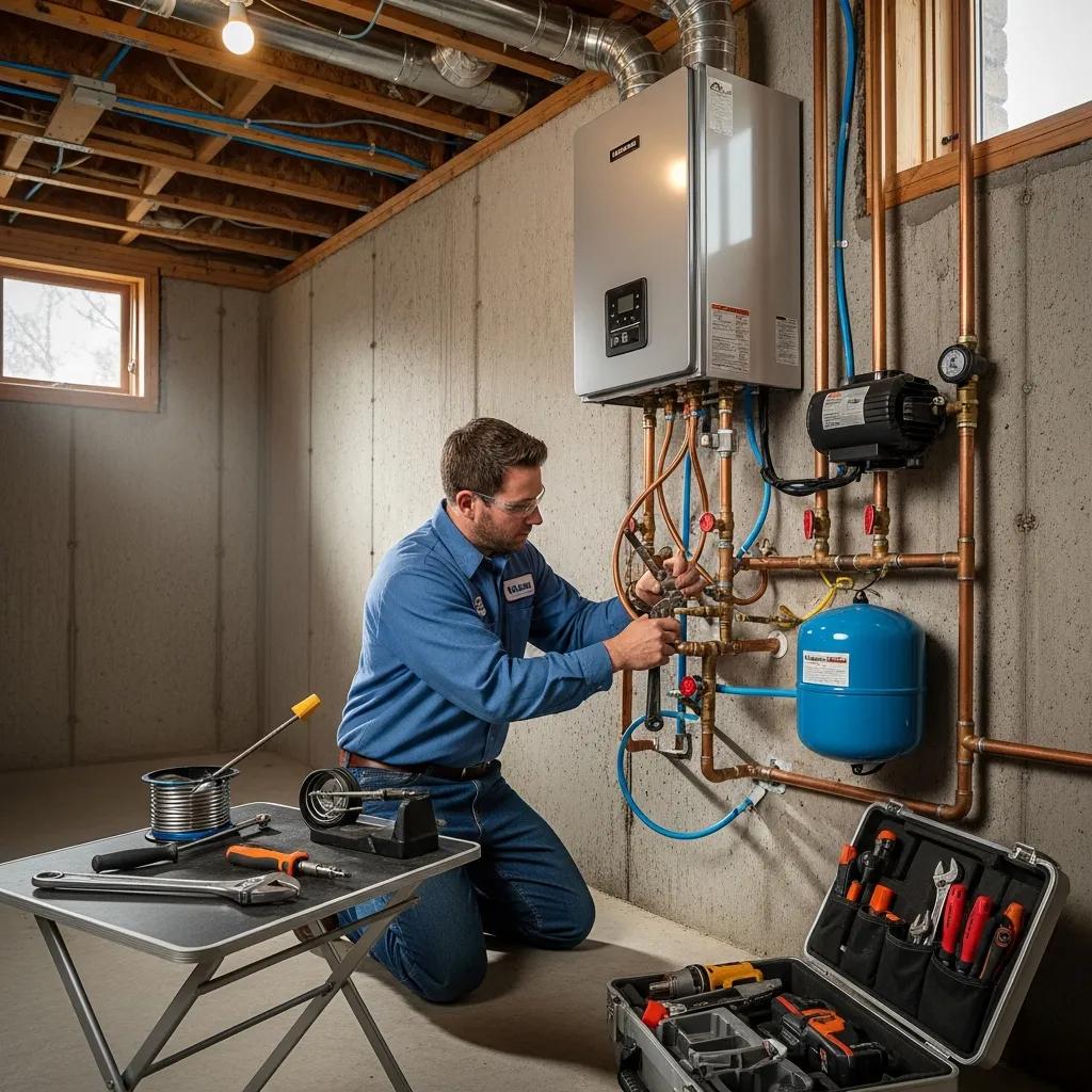Plumber fitting a tankless water heater with tools, illustrating common installation steps