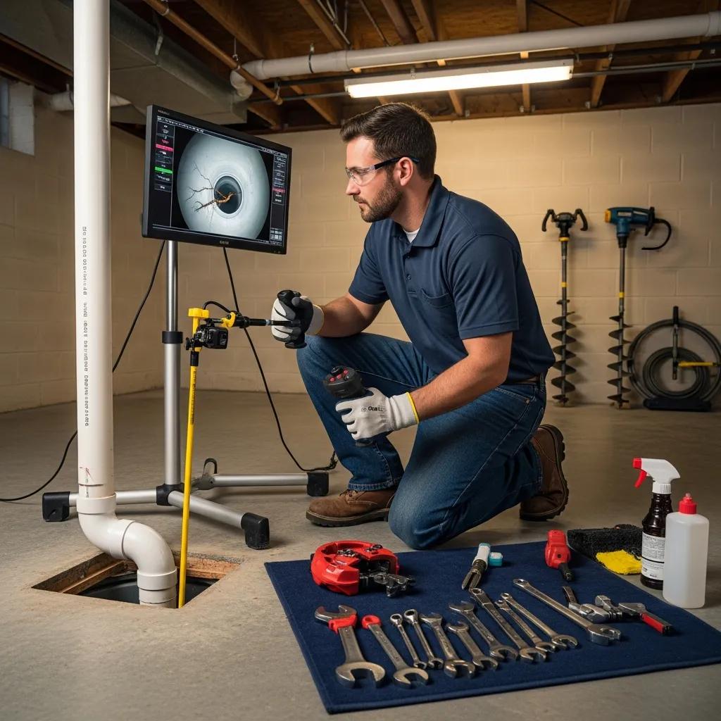 Technician guiding a sewer camera while watching a monitor during a drain inspection