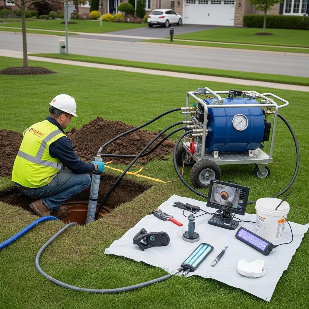 Technician performing trenchless sewer repair with minimal yard disturbance