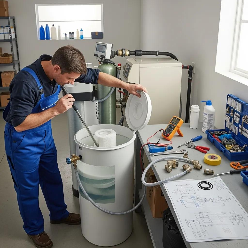 Technician inspecting a brine tank and troubleshooting a water softener
