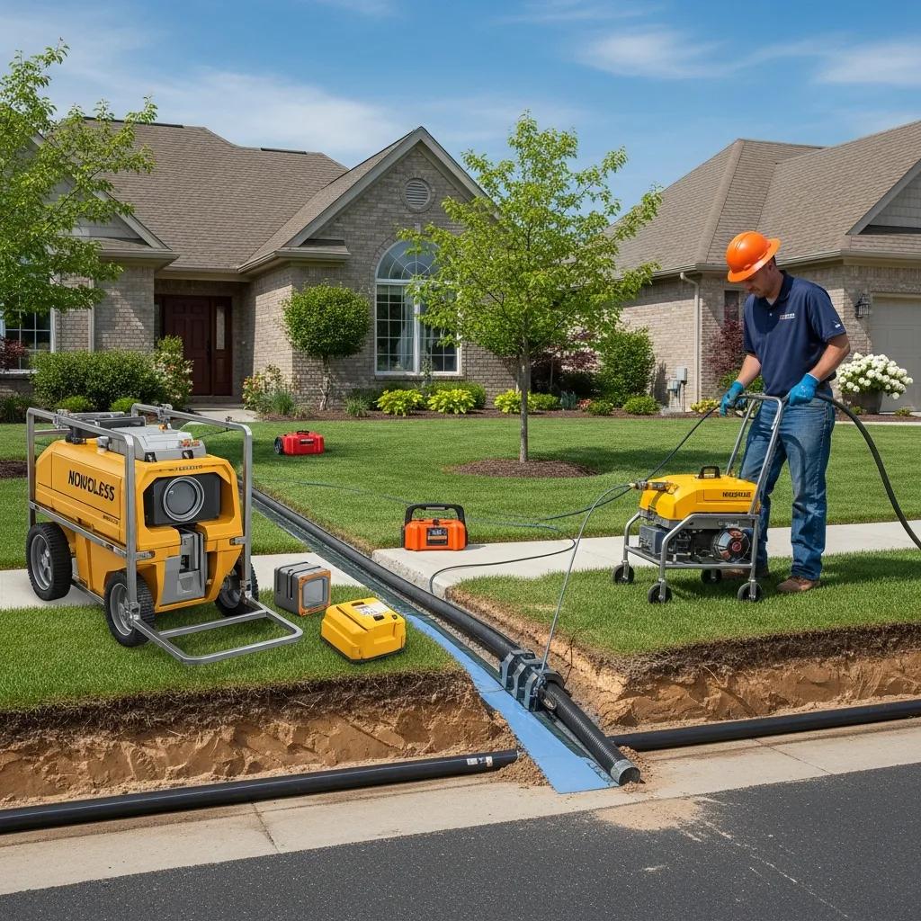 Trenchless sewer line repair technician using modern equipment in a residential setting