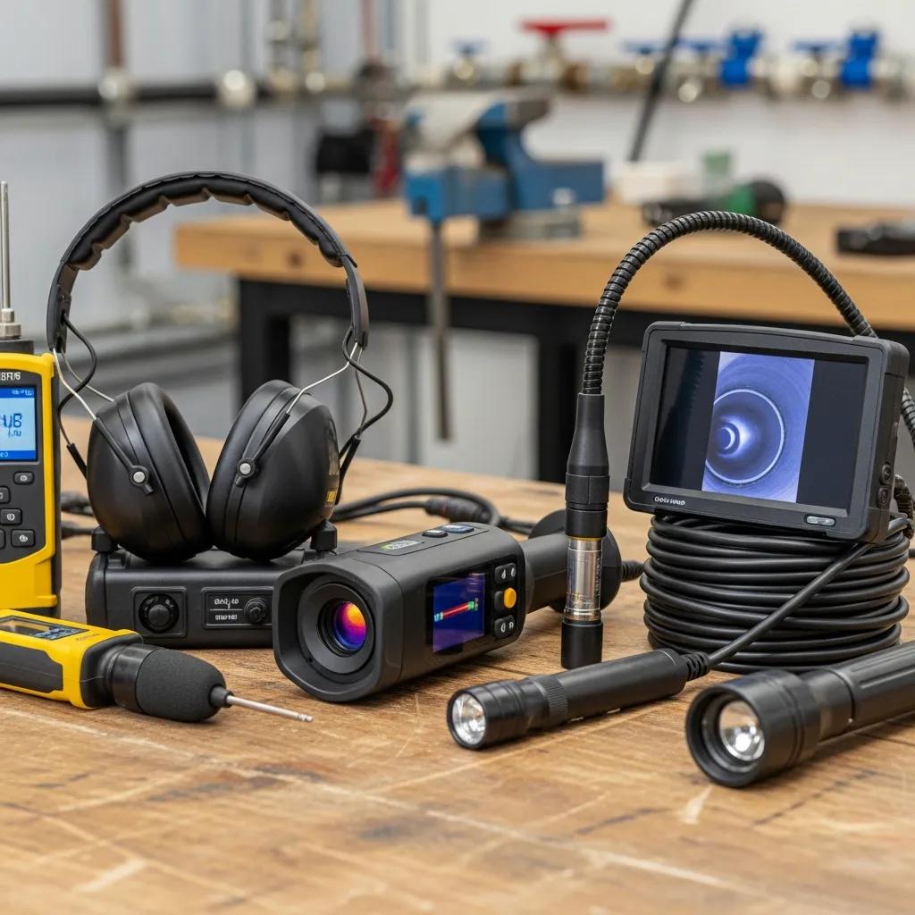 Non‑invasive leak detection tools such as a thermal camera and acoustic device on a workbench