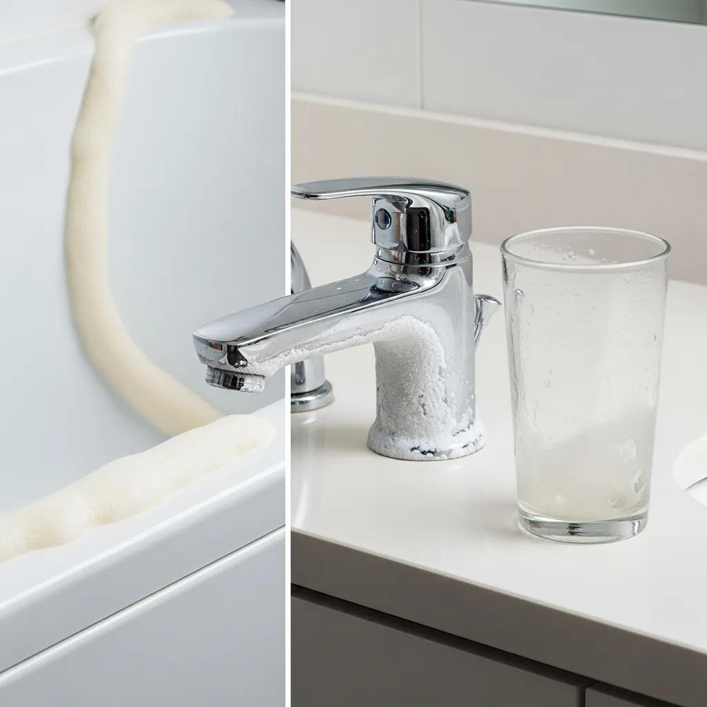 Scale buildup on faucets and cloudy glassware indicating hard water