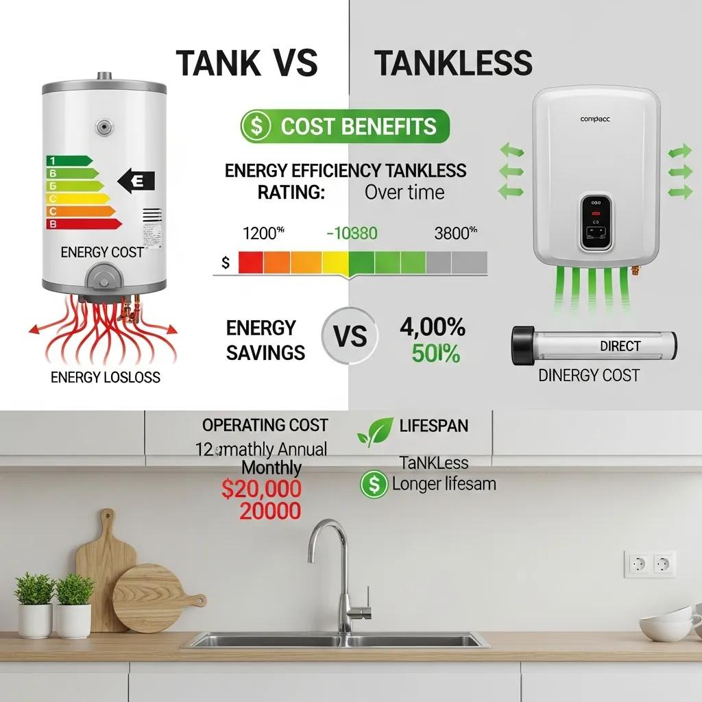 Graphic comparing lifecycle cost and energy efficiency for tank and tankless water heaters