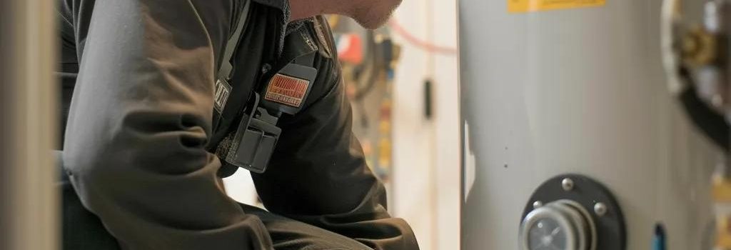 Technician inspecting a water heater for emergency repairs in a residential utility room