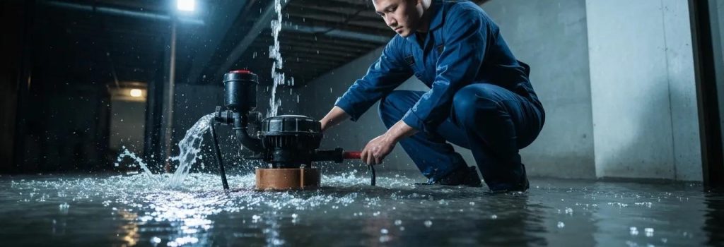 Malfunctioning sump pump in a flooded basement with technician inspecting