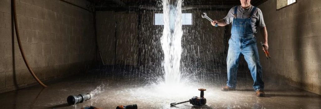 Burst pipe with water flow and repair tools in a basement setting