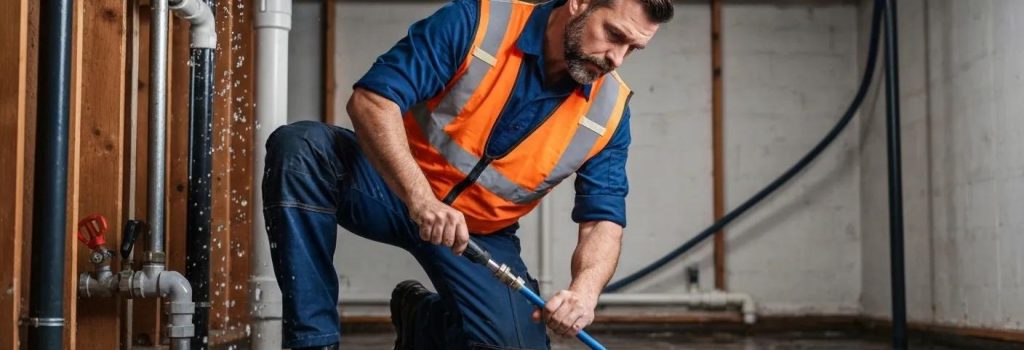 Professional plumber addressing an emergency plumbing issue in a home