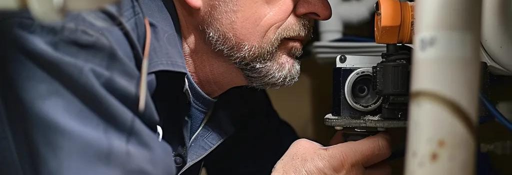 Plumber using camera inspection to diagnose sewage backup in a basement