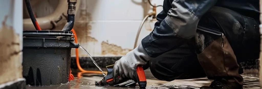 Professional plumber repairing a burst pipe in a flooded basement, showcasing emergency plumbing solutions